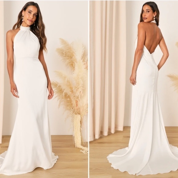 LULU's Bridal White Satin Backless High Neck Mermaid Trumpet Maxi Gown NWOT - Picture 1 of 4